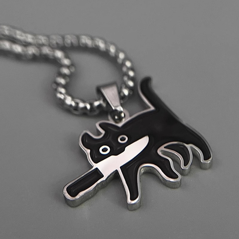 Cute Cat With Knife Stainless Steel Necklace