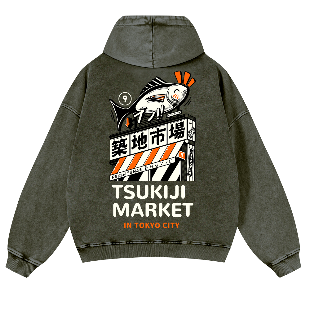 Tsukiji Fish Market Vintage Washed Cotton Back Art Hoodie