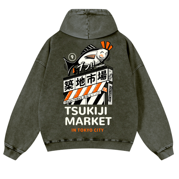 Tsukiji Fish Market Vintage Washed Cotton Back Art Hoodie