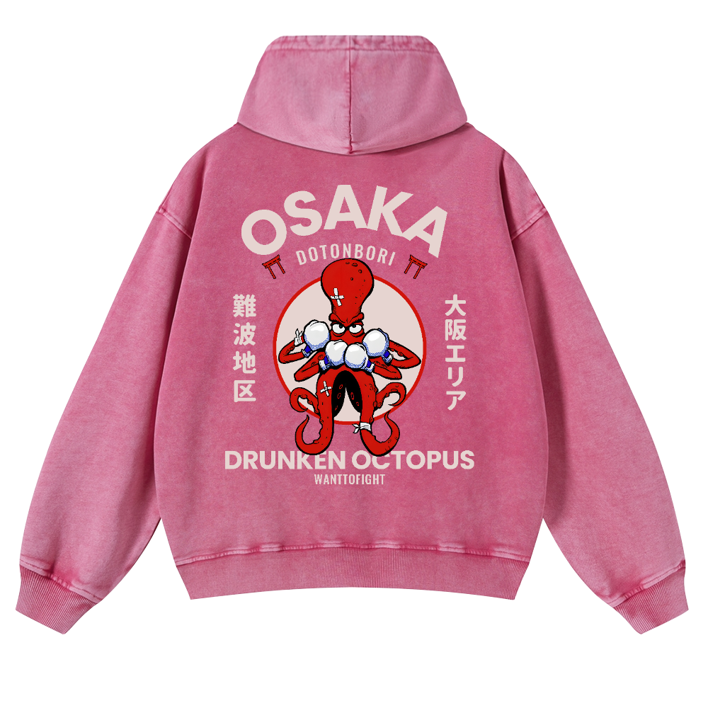 Osaka Drunken Octopus Vintage Washed Cotton Back Art Hoodie