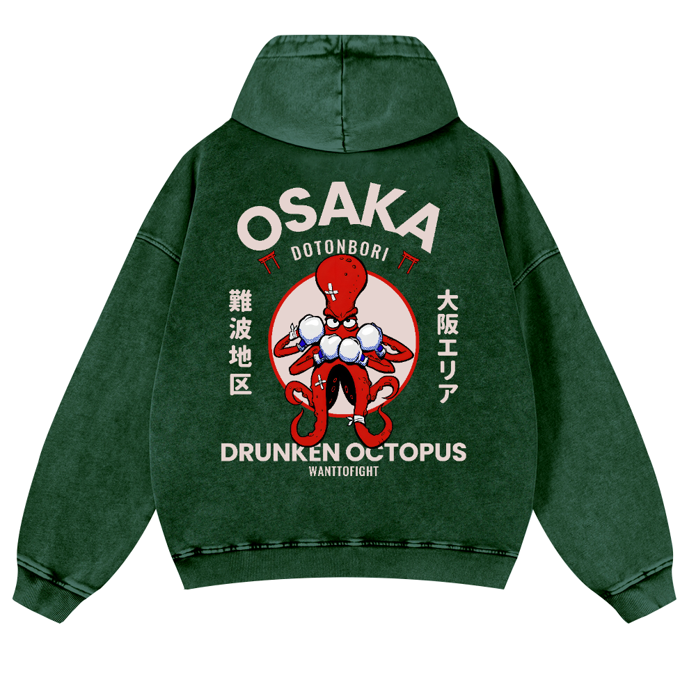 Osaka Drunken Octopus Vintage Washed Cotton Back Art Hoodie