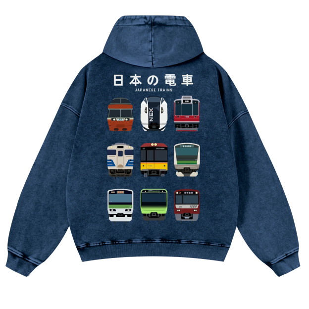 Japanese Trains Vintage Washed Cotton Back Art Hoodie