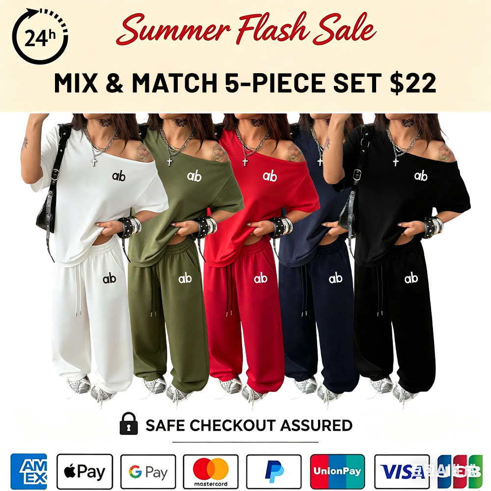 Women's Letter Print Off-Shoulder Oversized T-Shirt & Wide Leg Pants Two Piece Sets