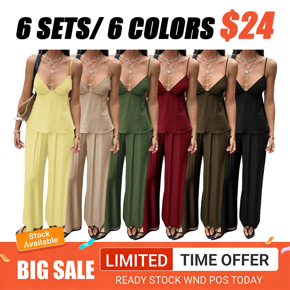 Women's Vacation-Style Deep V Backless Crop Top and Wide-Leg Pants Two-Piece Sets