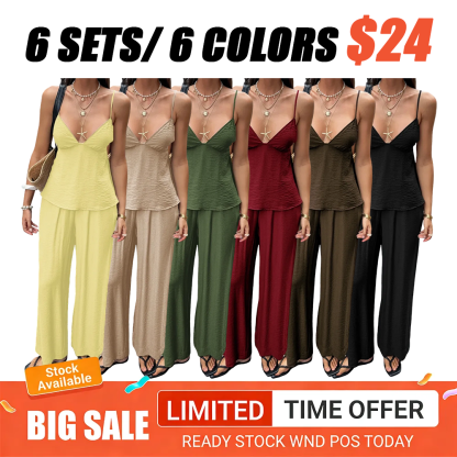 Women's Vacation-Style Deep V Backless Crop Top and Wide-Leg Pants Two-Piece Sets