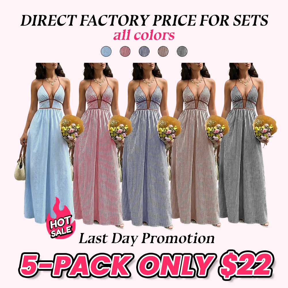 Women's French Vacation Chic Deep V Waist Cinch Color Block Stripe Halter Dress