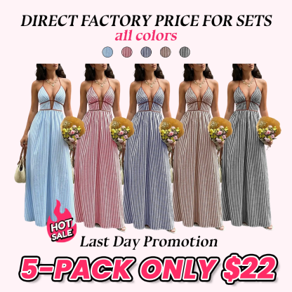 Women's French Vacation Chic Deep V Waist Cinch Color Block Stripe Halter Dress