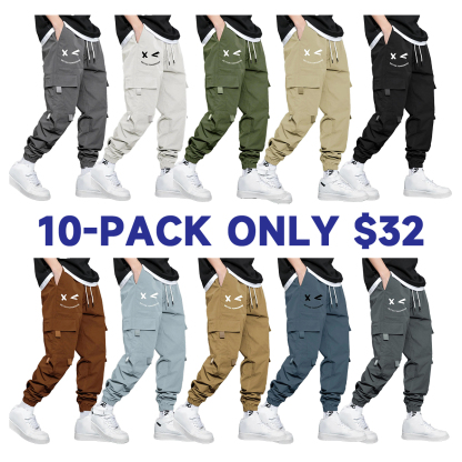 Men's Cartoon Face & Letter Print Drawstring Waist Cargo Pants