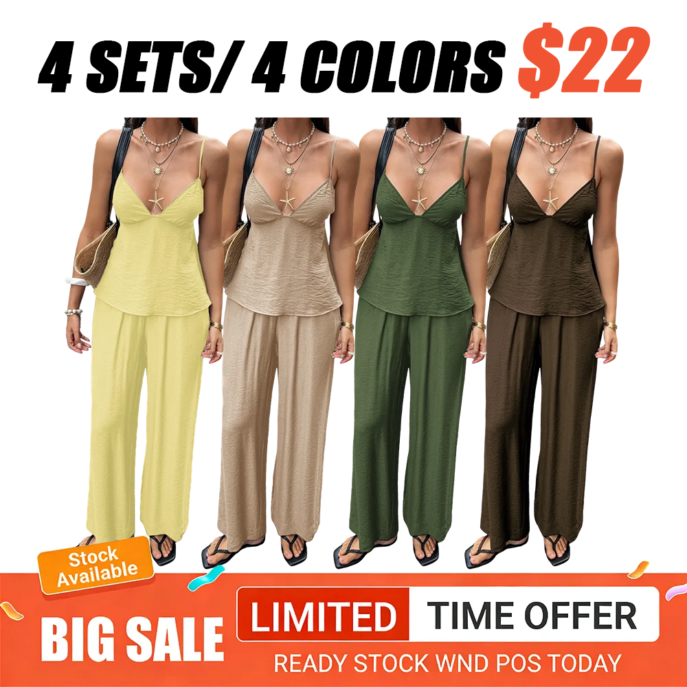 Women's Vacation-Style Deep V Backless Crop Top and Wide-Leg Pants Two-Piece Sets