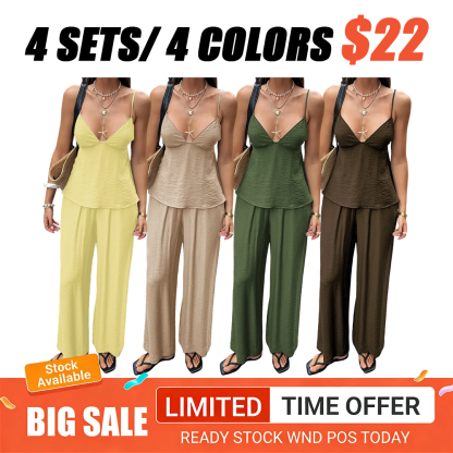 Women's Vacation-Style Deep V Backless Crop Top and Wide-Leg Pants Two-Piece Sets