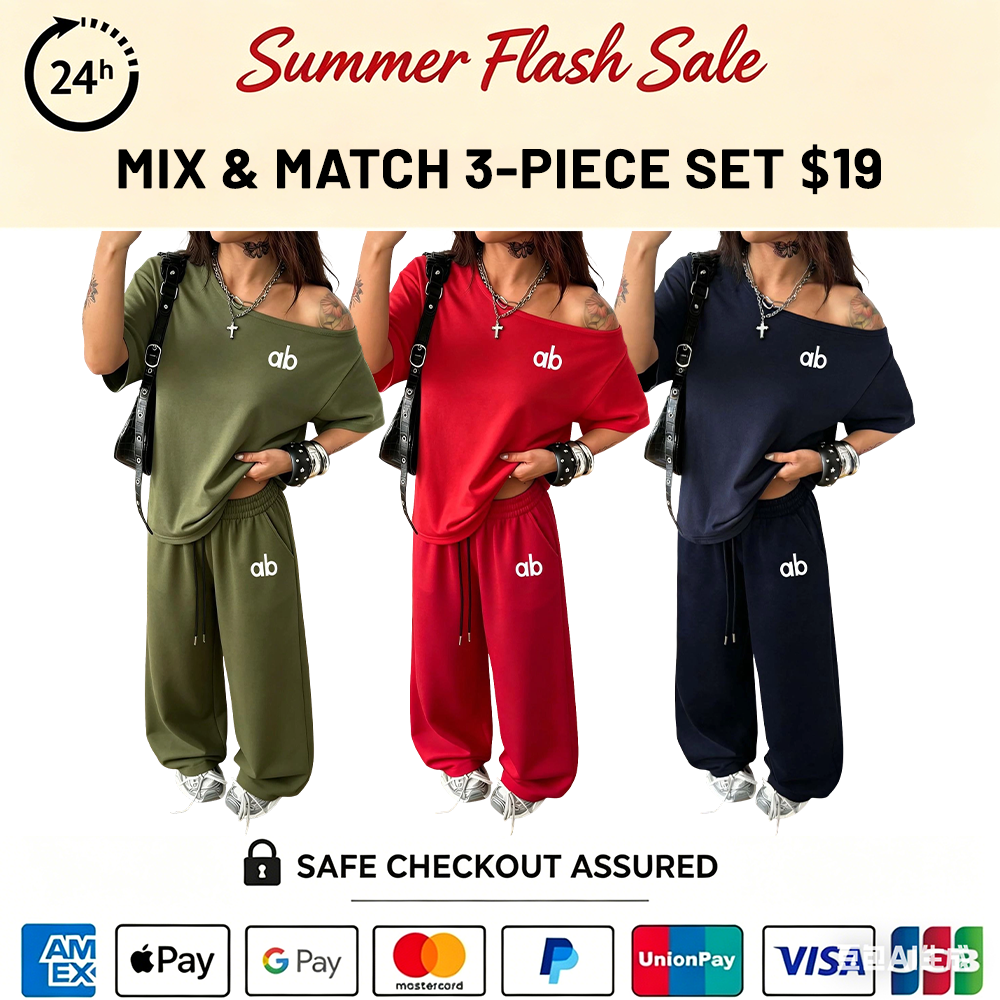 Women's Letter Print Off-Shoulder Oversized T-Shirt & Wide Leg Pants Two Piece Sets