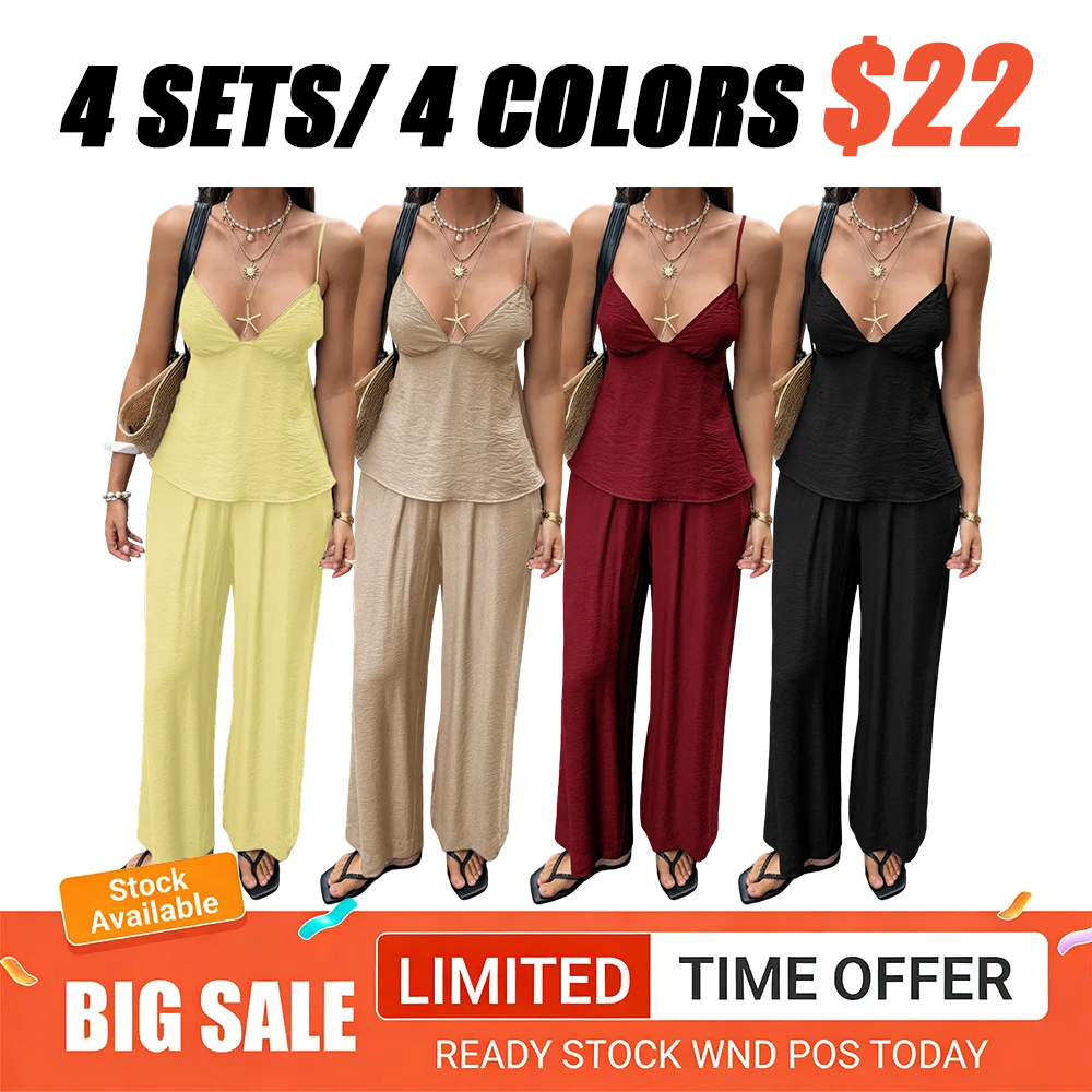 Women's Vacation-Style Deep V Backless Crop Top and Wide-Leg Pants Two-Piece Sets
