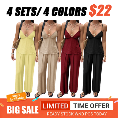 Women's Vacation-Style Deep V Backless Crop Top and Wide-Leg Pants Two-Piece Sets