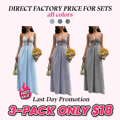Women's French Vacation Chic Deep V Waist Cinch Color Block Stripe Halter Dress