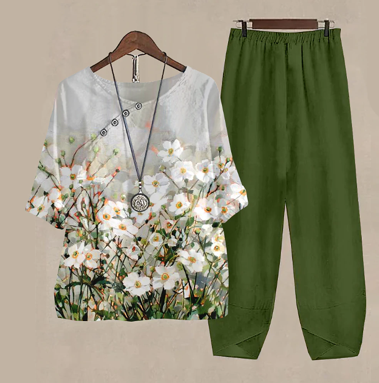 Women's Shirt Pants Sets Pants Trousers Basic Black Blue Holiday Weekend Floral Print Round Neck S M L XL 2XL