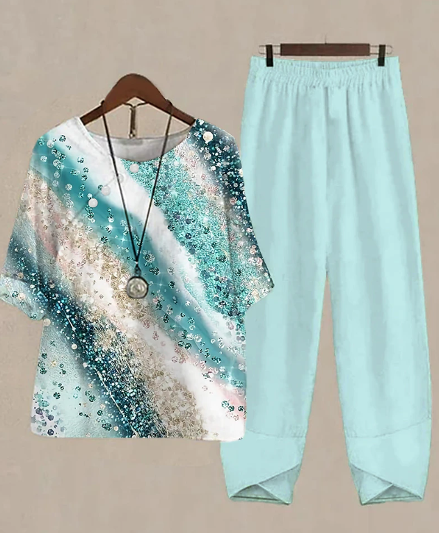 Women's Shirt Pants Sets Pants Trousers Basic Pink Blue Holiday Weekend Graphic Abstract Print Round Neck S M L XL 2XL