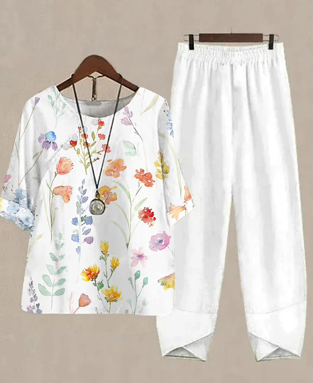 Women's Shirt Pants Sets Pants Trousers Basic Yellow Pink Holiday Weekend Floral Print Round Neck S M L XL 2XL