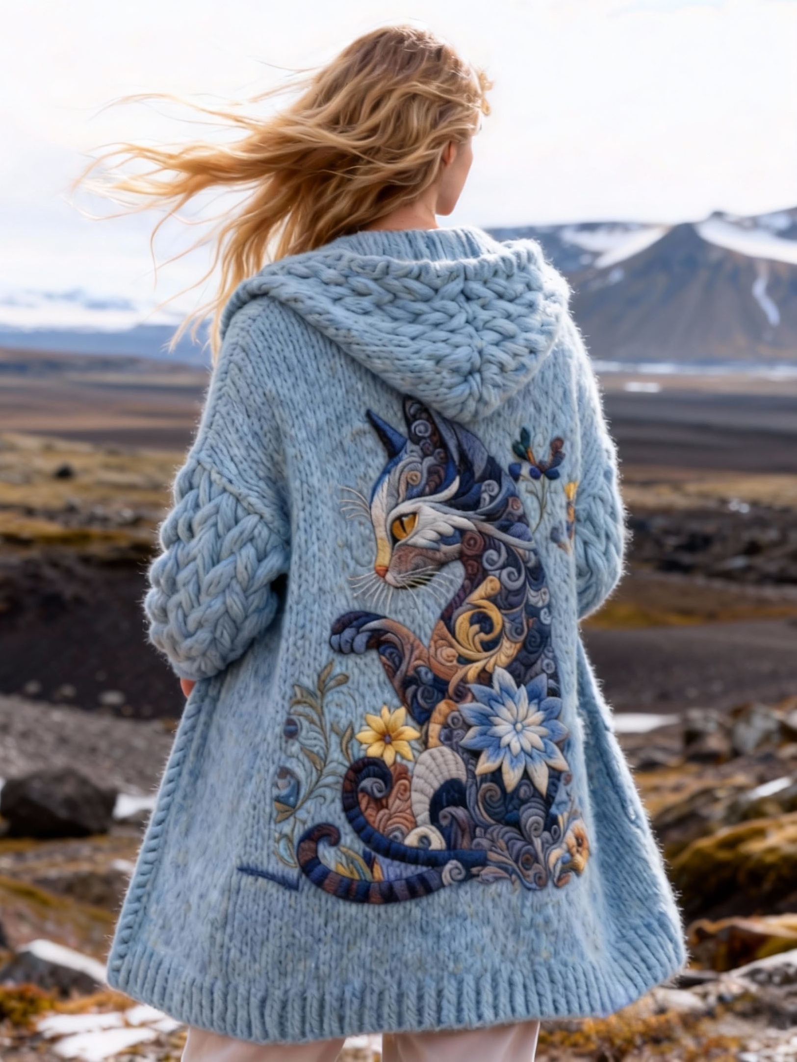 Women's Artistic Cat Floral Chunky Knit Hooded Sweater Cardigan