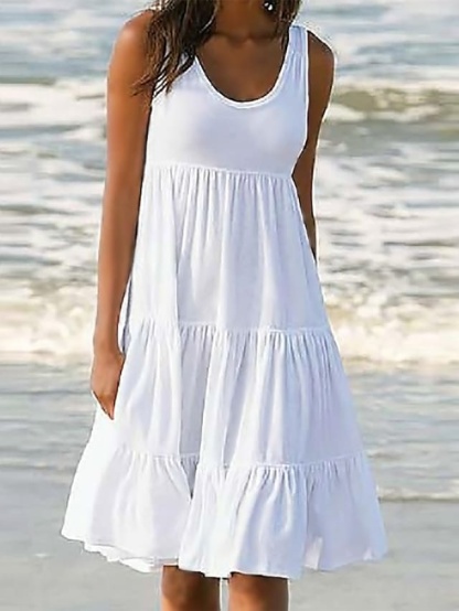 Women's White Dress Sundress Midi Dress Black And White Light Pink Green Sleeveless Pure Color Ruched Spring Summer Crew Neck Basic Boom Sale Dress S M L XL XXL 3XL 4XL 5XL