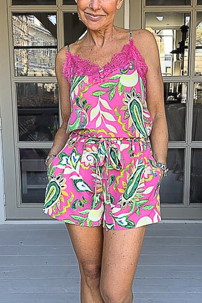 V-neck lace paneled retro mandala jumpsuit