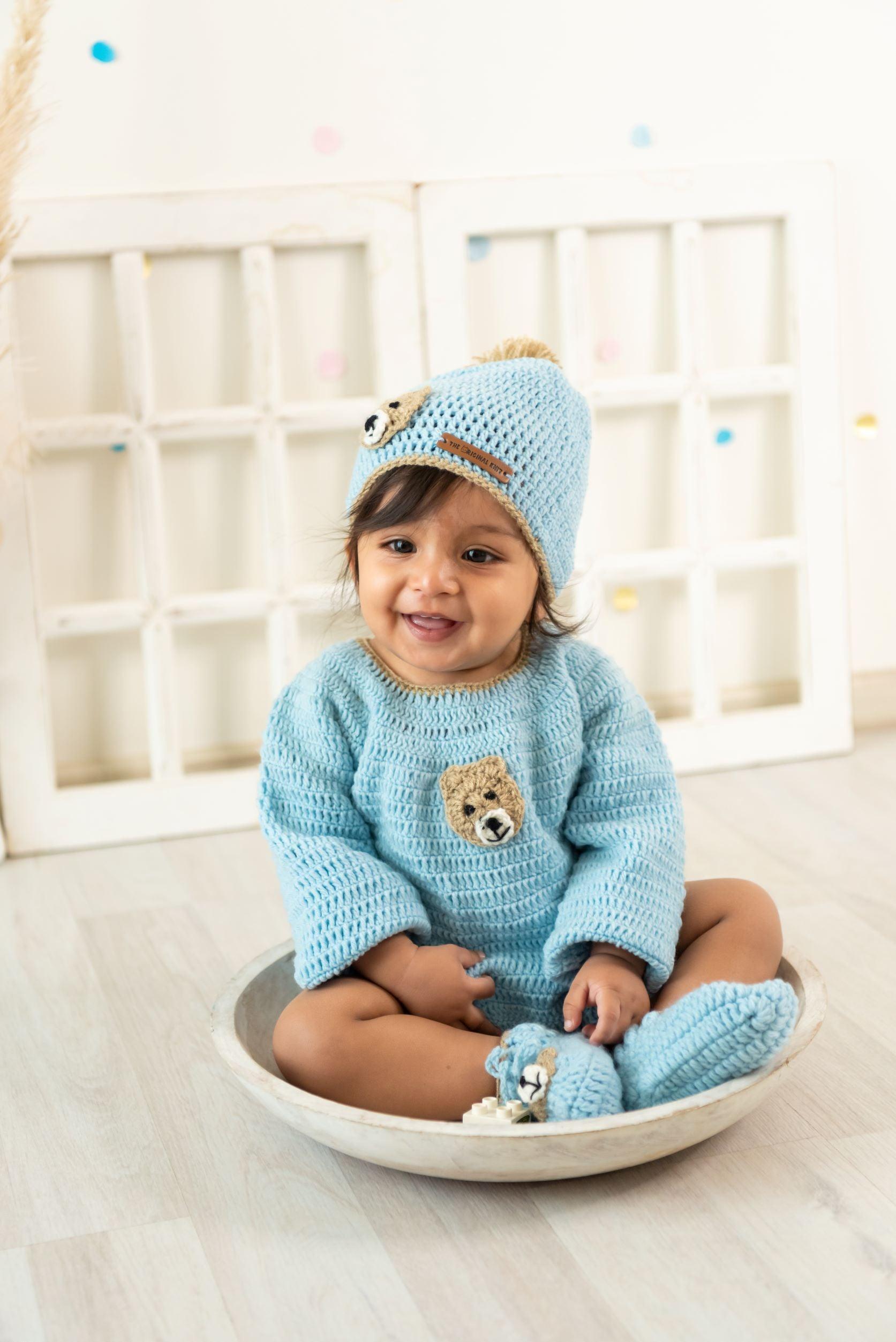 Unisex Teddy Design Handmade Romper Set- Ice Blue