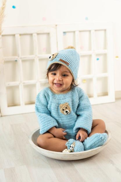 Unisex Teddy Design Handmade Romper Set- Ice Blue