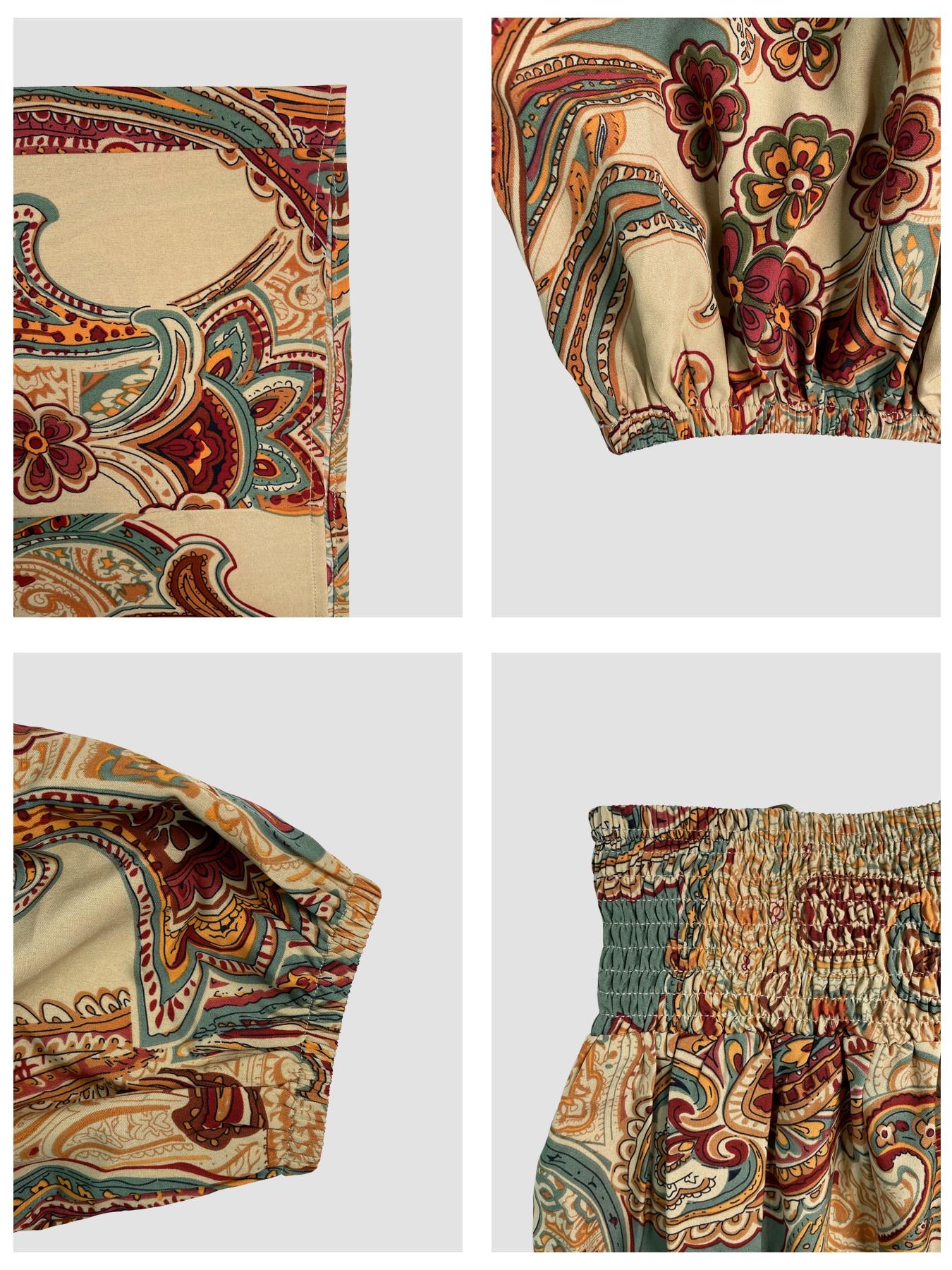 Women's Summer Paisley Print Vintage Aesthetic Vacation Two-Piece Set, Off-Shoulder Bubble Sleeve Crop Top + High Waist Drawstring Wide Leg Pants