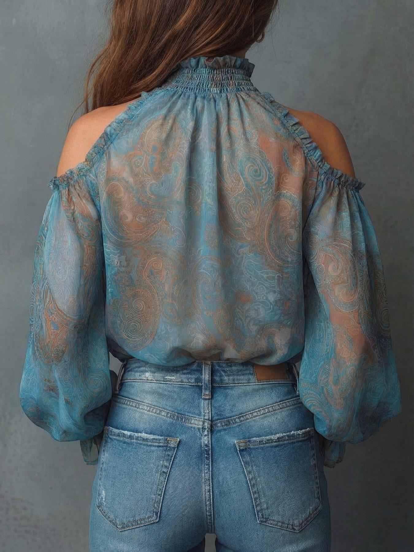Women's Vintage Off-Shoulder Paisley Blouse Top, Elegant Retro Design for Casual or Formal Wear, Unique Fashion Piece Women's Vintage Off-Shoulder Paisley Blouse Top, Elegant Retro Design for Casual or Formal Wear, Unique Fashion Piece