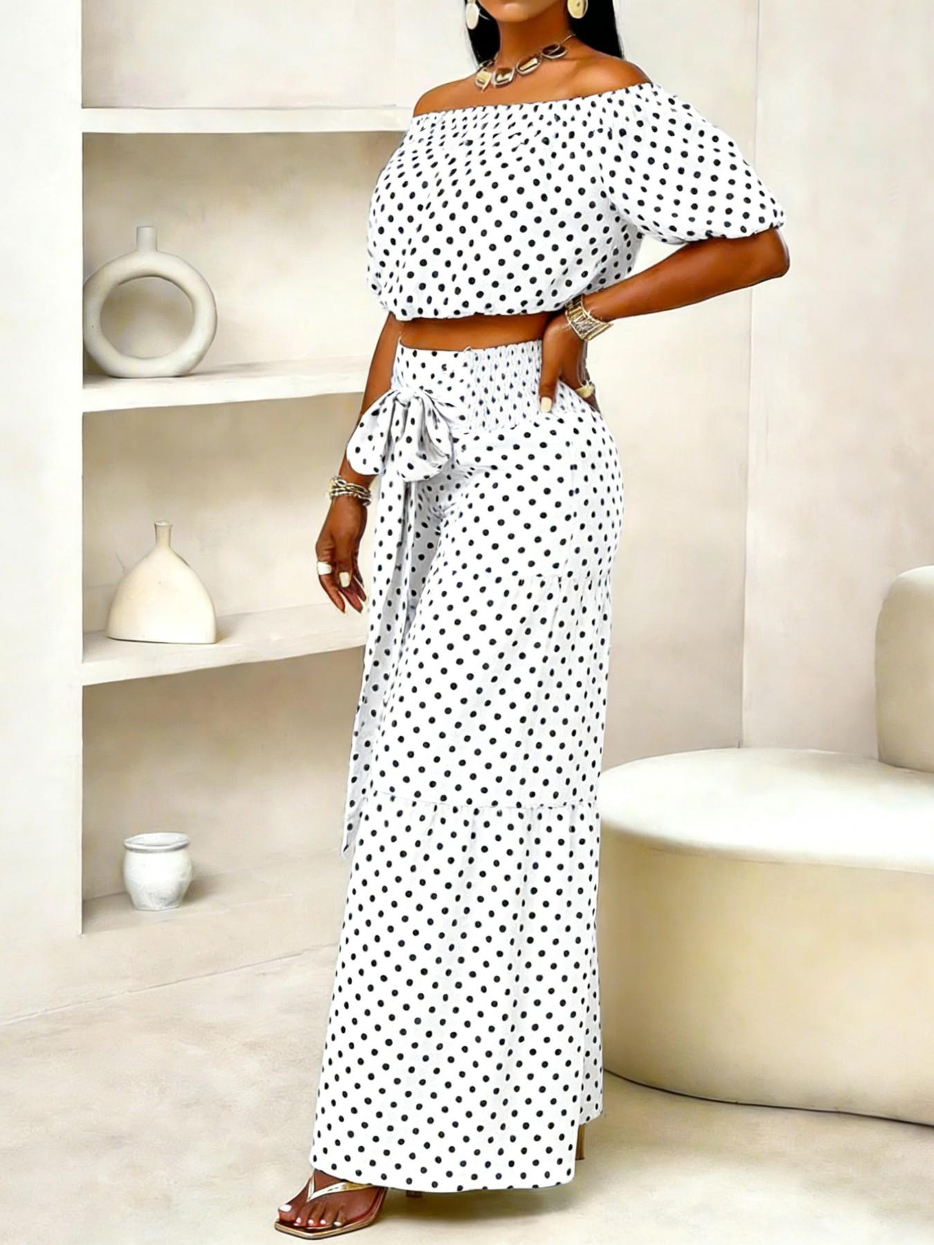 Women's Spring Summer Polka Dot Casual Chic Vacation Two-Piece Set, Off-Shoulder Short Top + High-Waisted Wide Leg Pants, Fitted Clothing Set