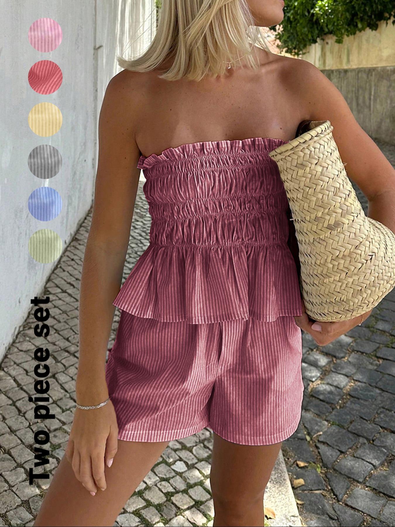 Two-piece Set Women's Striped Print Tube Top & Shorts Set, Casual Strapless Top & Shorts for Daily Wear, Ladies Clothes Womenswear for Summer Outfit