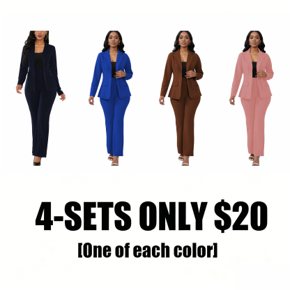 Women's Elegant Business Plain Button Lapel Blazer & Suit Pants