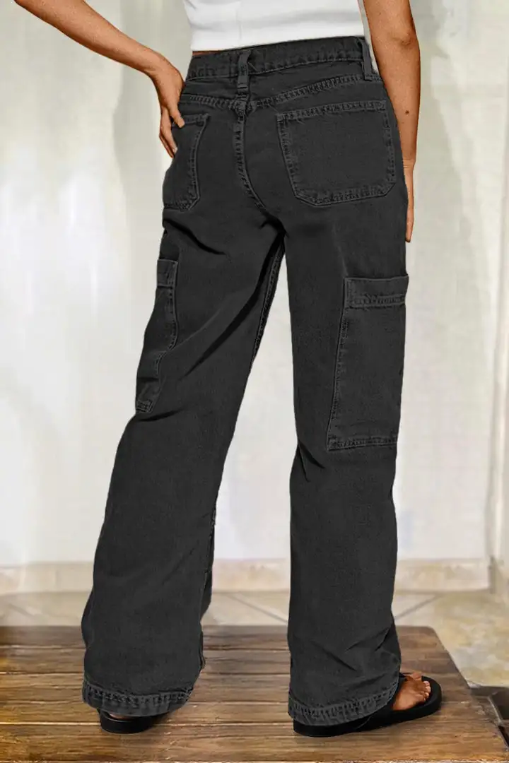 Women's Button Detail Mid Waist Straight Leg Cargo Pants Without Belt