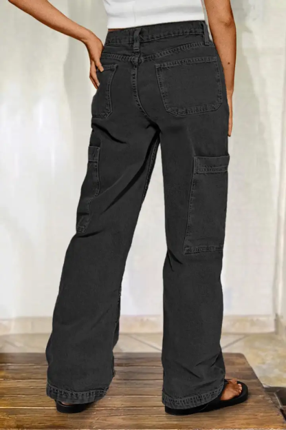Women's Button Detail Mid Waist Straight Leg Cargo Pants Without Belt