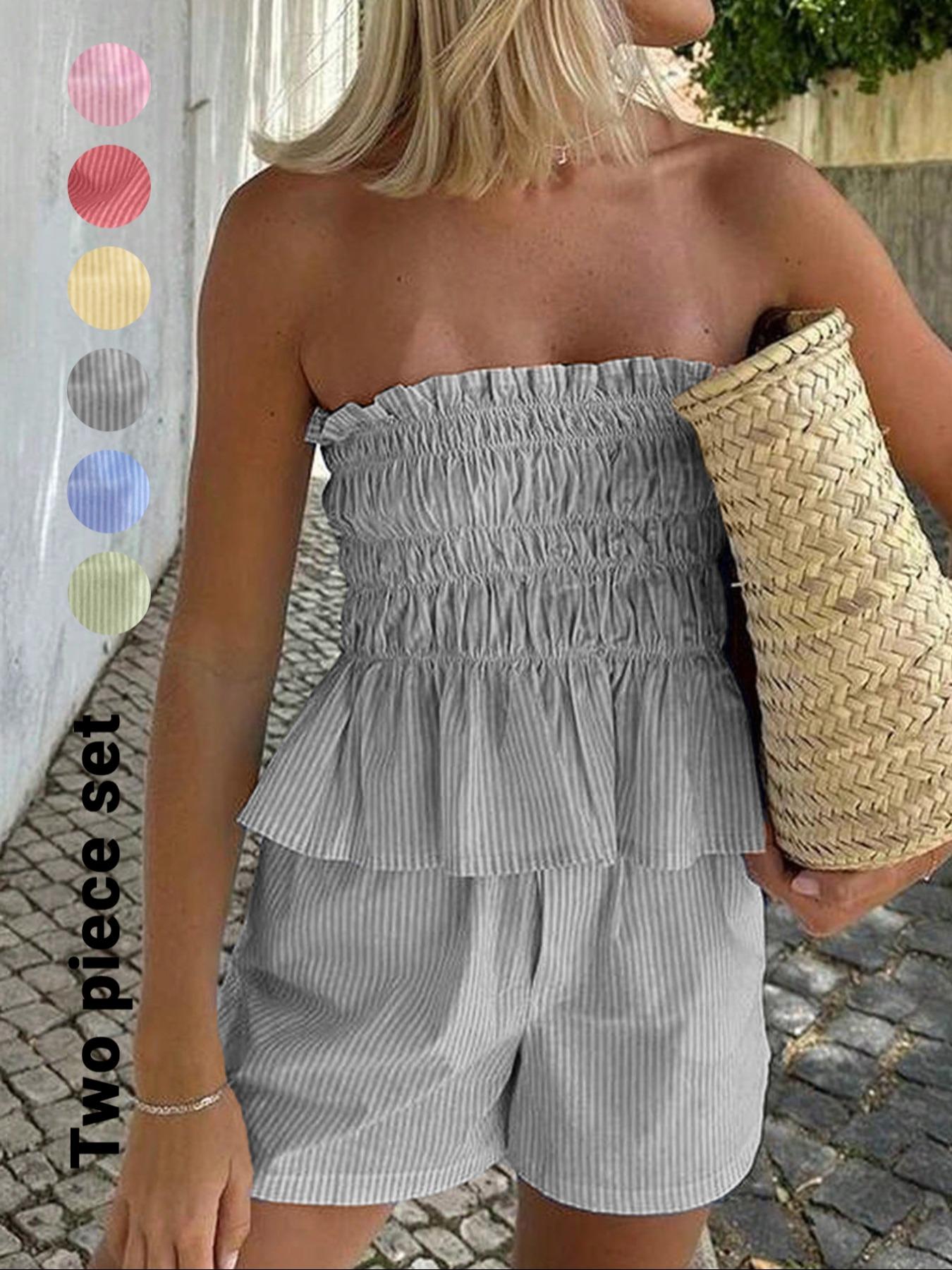 Two-piece Set Women's Striped Print Tube Top & Shorts Set, Casual Strapless Top & Shorts for Daily Wear, Ladies Clothes Womenswear for Summer Outfit