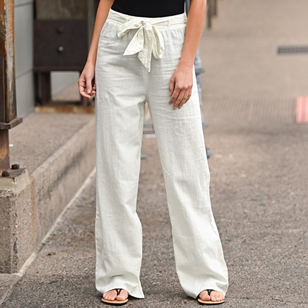 Women Wide Leg Solid Linen Cotton Belt Lace-up Pants