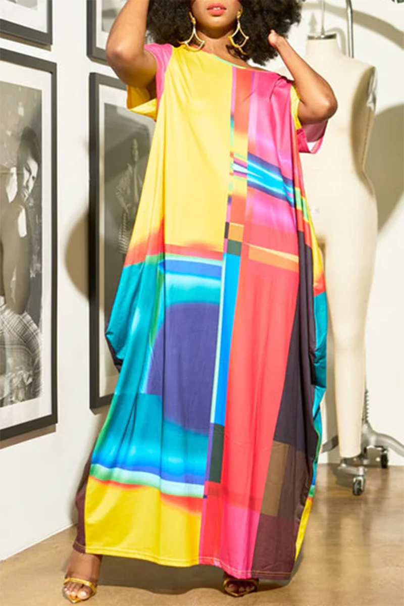 Plus Size Multicolor Daily Loose Patchwork Short Sleeve Maxi Dresses [Pre-Order]