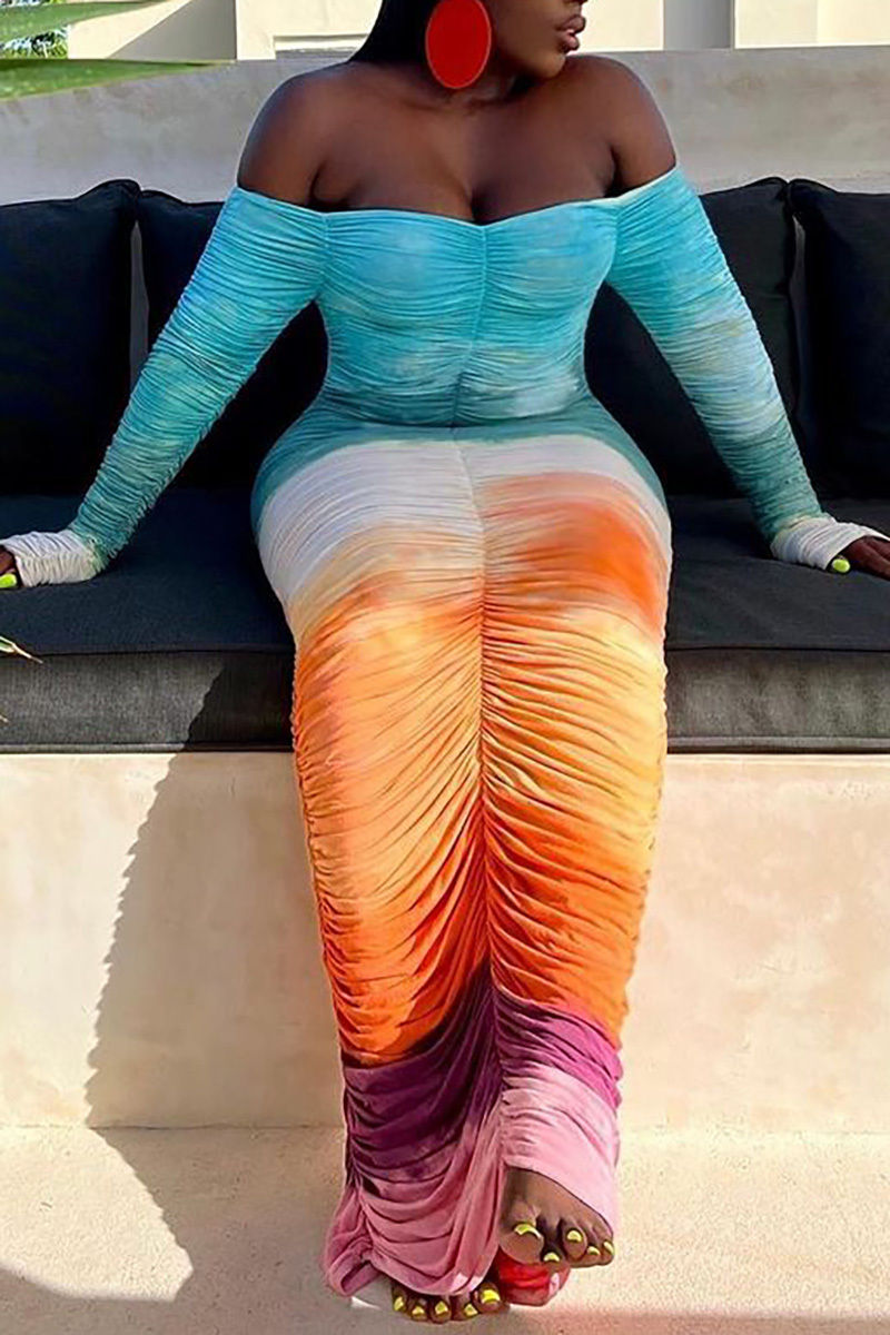 Plus Size Orange Gradient Party Ruched Slim Fit Maxi Dresses