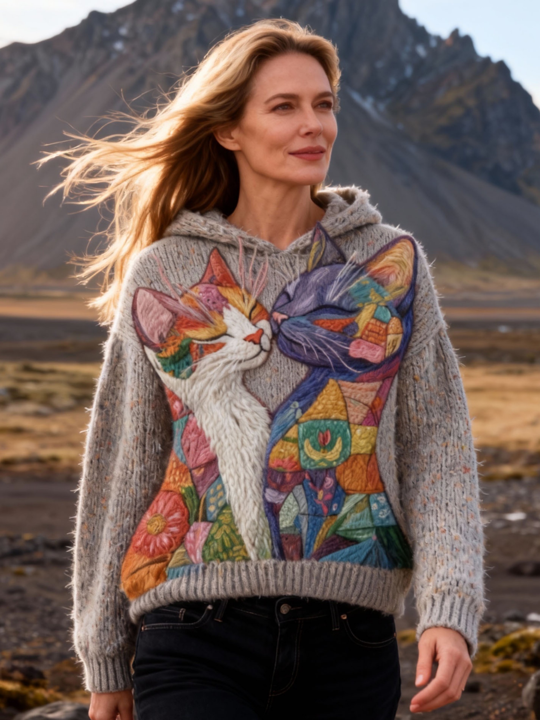 Women's Retro Art Color Floral Cat Hooded Sweater