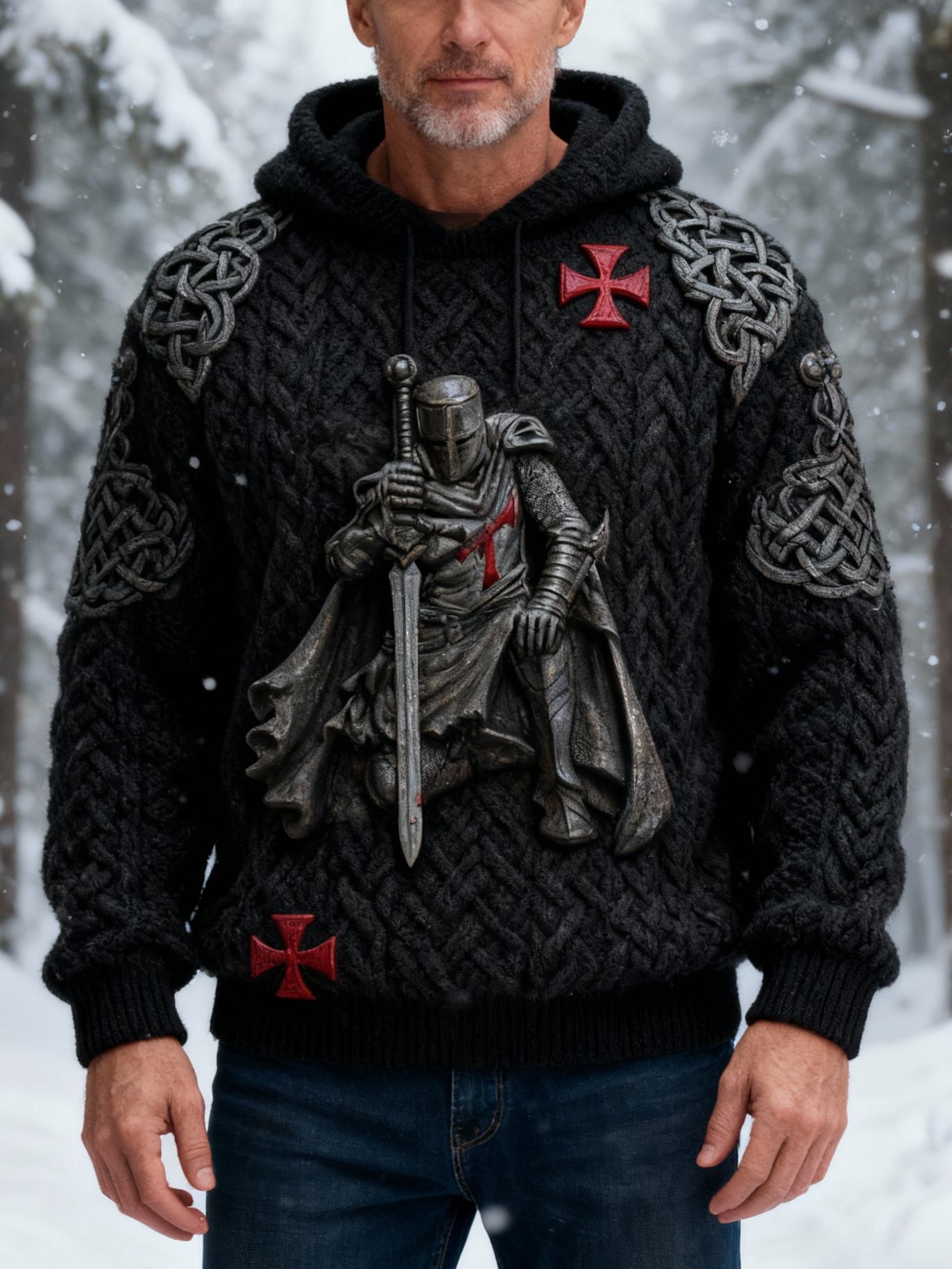 Men's Vintage Crusader Templar Kettle Knot Chunky Knit Hooded Sweater
