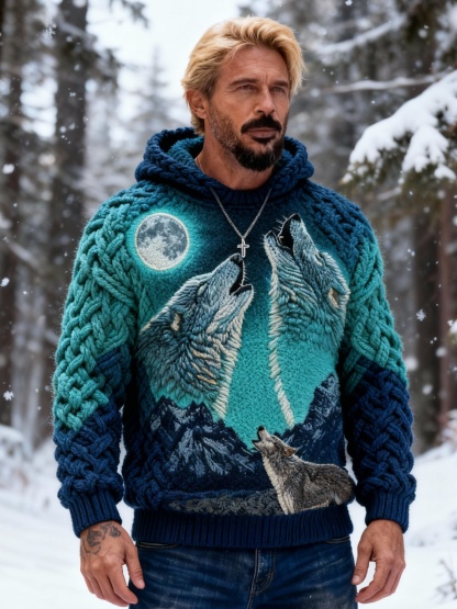Men's Moon & Mountain Three Howling Wolves Chunky Knit Hooded Sweater