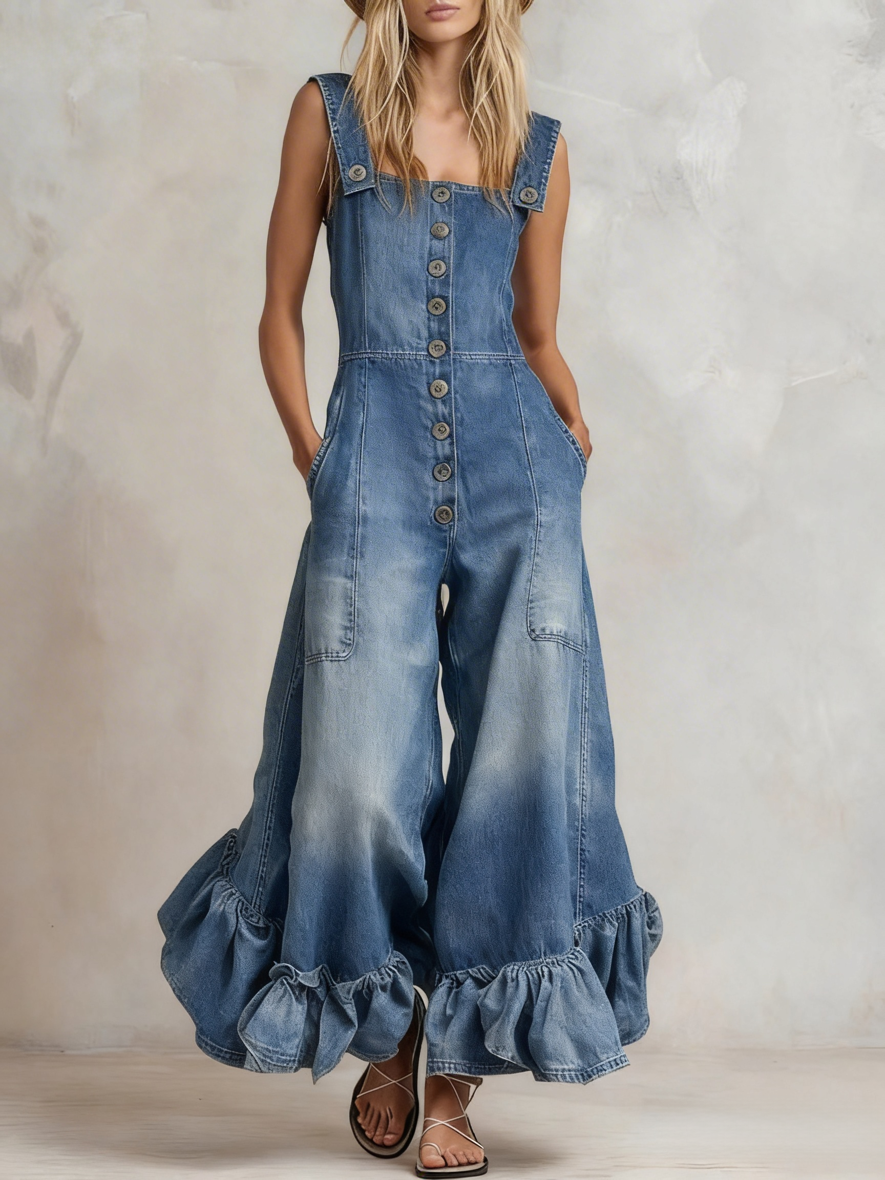 Wide-Leg Ruffled Button Front Denim Jumpsuit