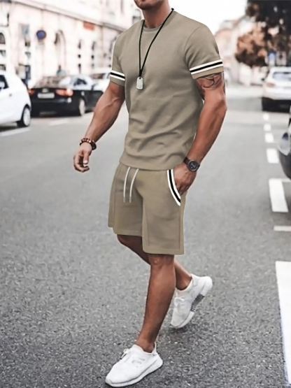 Men's Contrast Binding Tee & Drawstring Waist Shorts Set Two-Piece Set 
