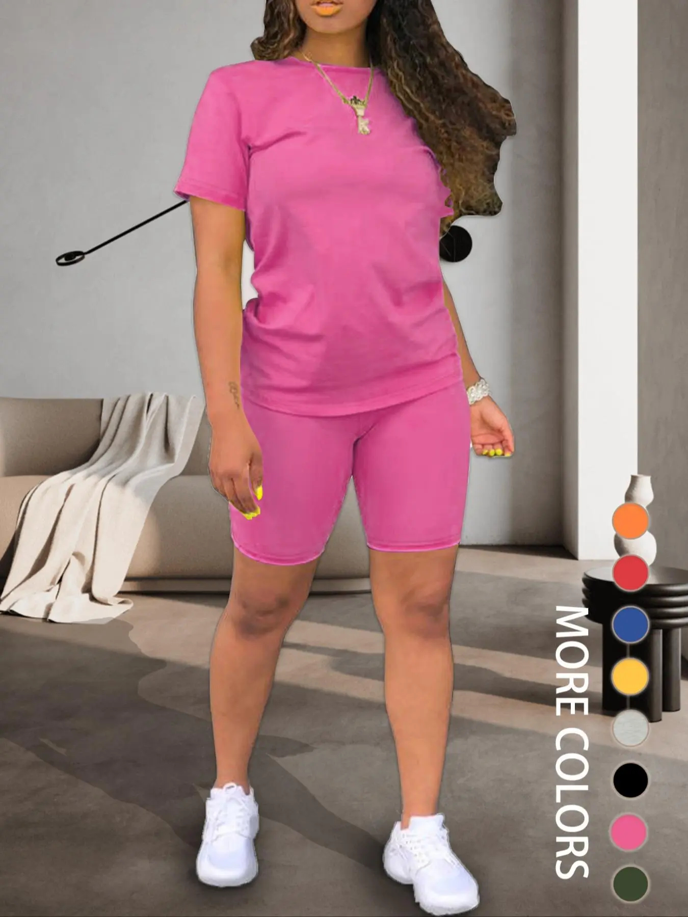 Women's Fitted Plain Round Neck Tee & Skinny Shorts Set