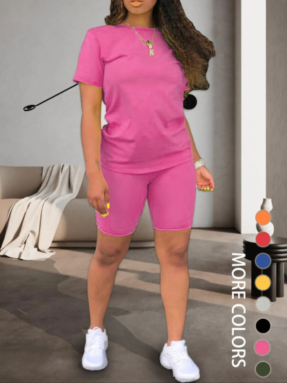 Women's Fitted Plain Round Neck Tee & Skinny Shorts Set