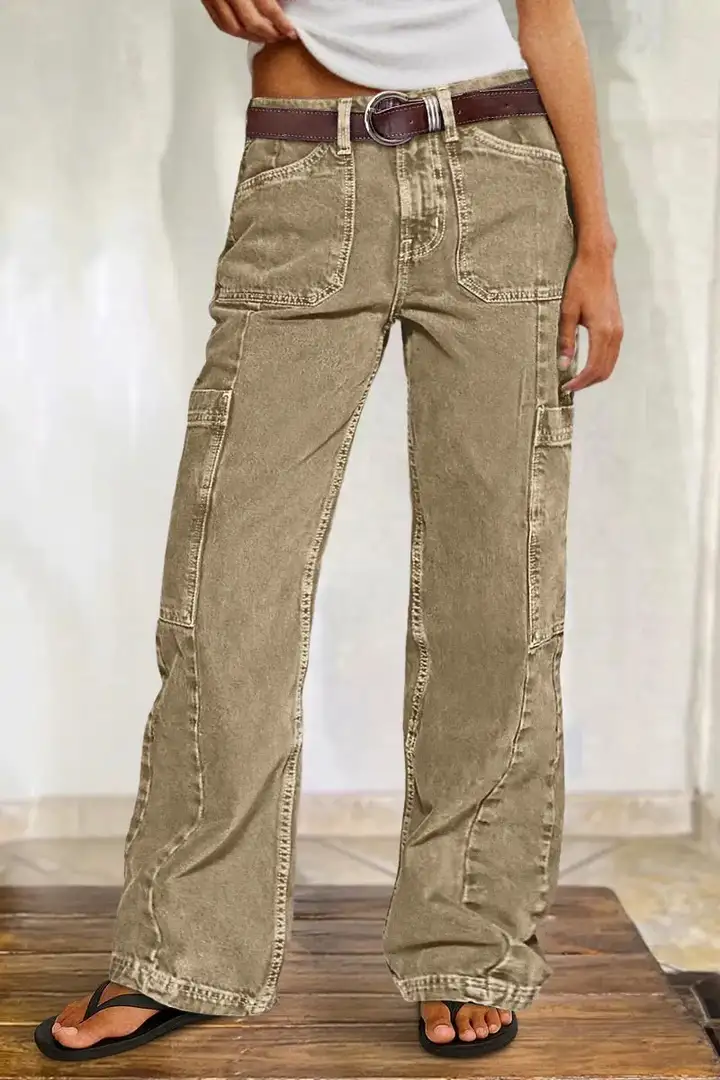 Women's Button Detail Mid Waist Straight Leg Cargo Pants Without Belt