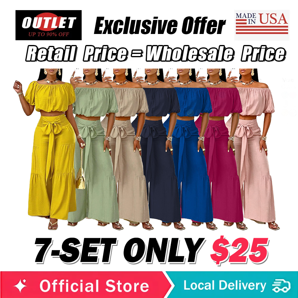 Women's Beach Vacation Bow Shoulderless Round Neck Shirt Wide Leg Pants Sets