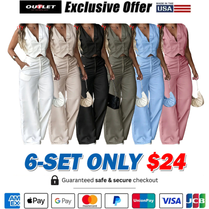 Women's Sleeveless Waist Cinching Vest Set, Wide Leg Pants