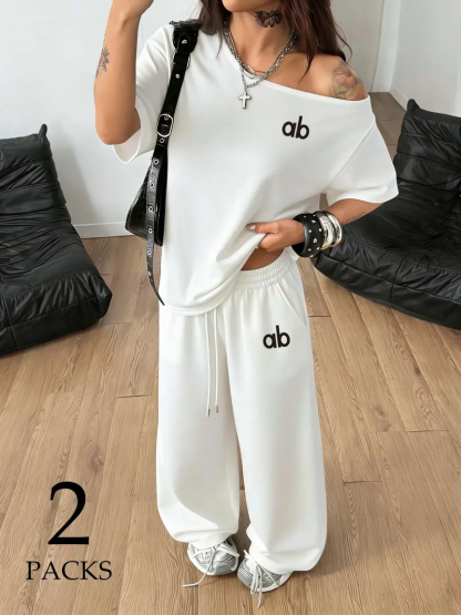 Women's Letter Print Off-Shoulder Oversized T-Shirt & Wide Leg Pants Two Piece Sets