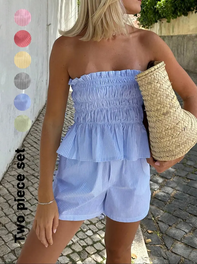 Women's Striped Print Tube Top & Shorts Sets