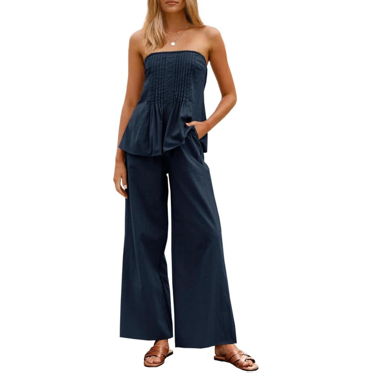 Women's Vacation Strapless Cotton Tube Top & Wide Leg Pleated Pants Matching Set